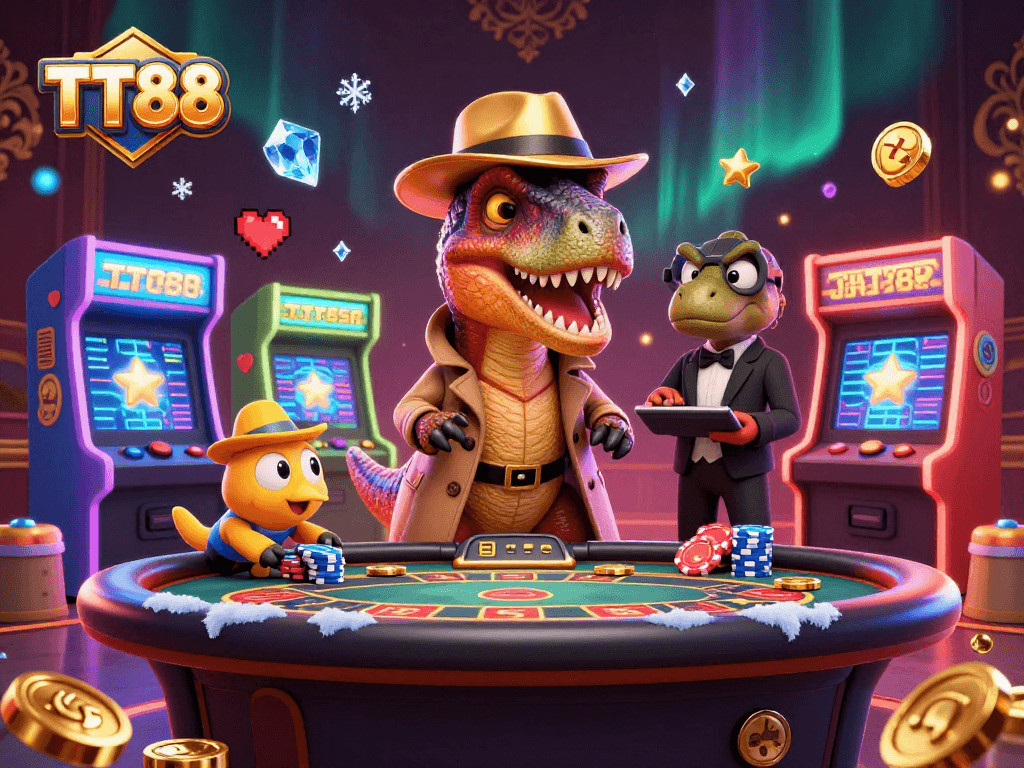 TT88 offers an exciting casino experience with a velociraptor card counter amidst vibrant gaming elements.