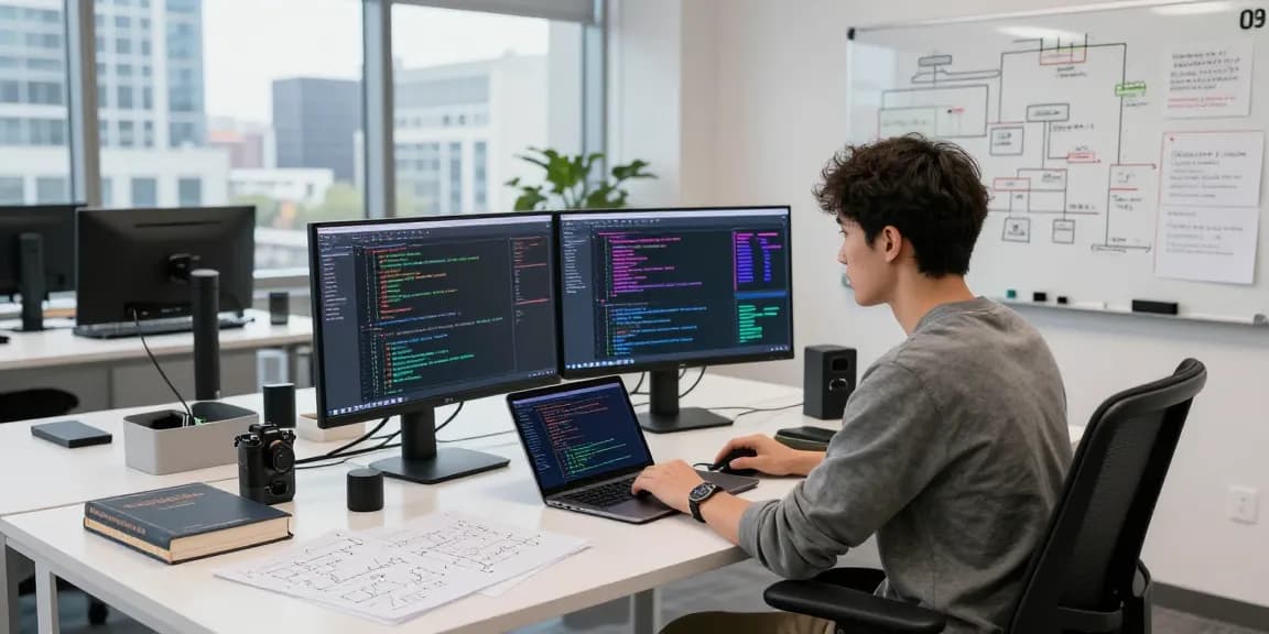 Software developer focused on agentic AI in a modern workspace with vibrant coding displays and tech gadgets.
