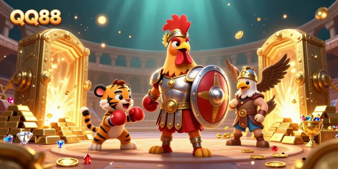 Engage in games at QQ88 with a dynamic illustration showcasing an energetic casino atmosphere filled with treasure and excitement.