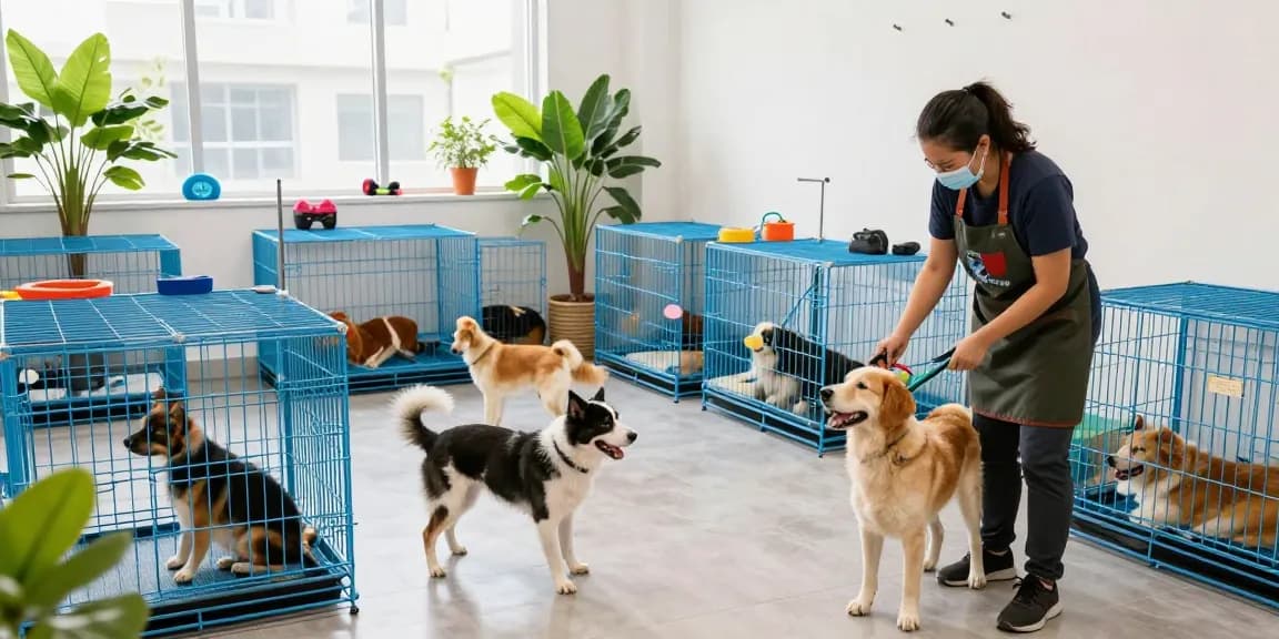 Pet boarding cages for sale in a welcoming grooming facility, showcasing happy dogs and a professional groomer.