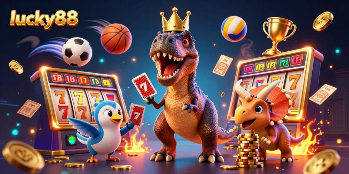 Experience the thrill of lucky88 with vibrant dinosaurs playing cards and stacking chips in a captivating casino atmosphere.
