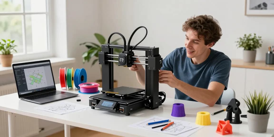 Beginner setting up the SPARKX i7 3D printer in a vibrant home workspace, ideal for the best beginner 3D printer experience.