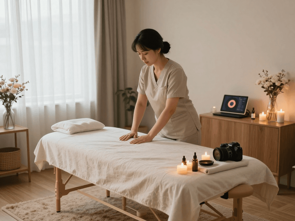 Premium 성남출장마사지 scene with therapist preparing a relaxing home space.