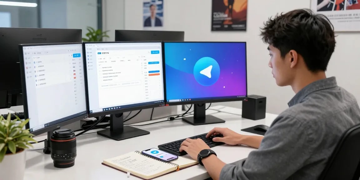Configuring Telegram Chinese settings in a tech workspace with vibrant screens and modern design elements.
