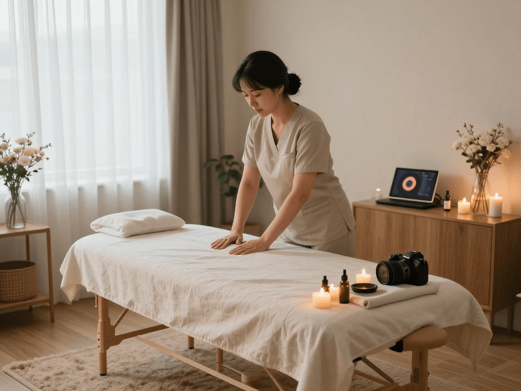 Premium 성남출장마사지 scene with therapist preparing a relaxing home space.