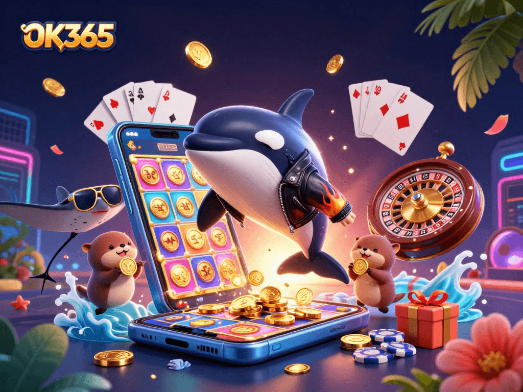 Engage with the fun at OK365, featuring a vibrant 3D casino scene with playful sea creatures and golden coins.