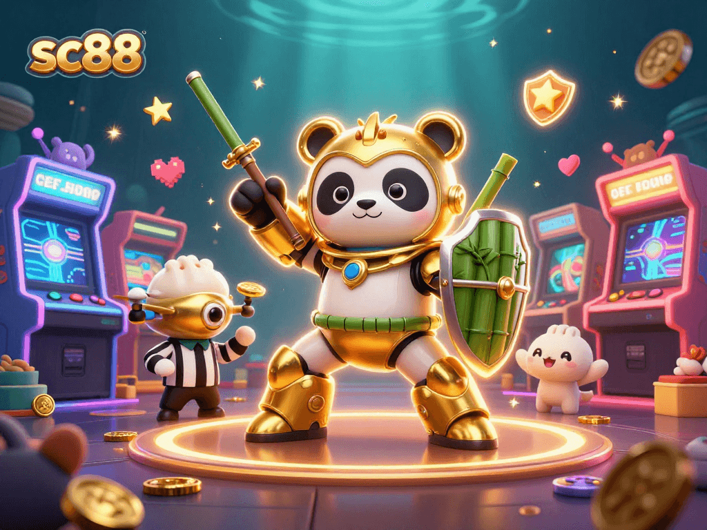 sc88 showcases a vibrant casino scene with a mech-suit golden panda battling in a lively arcade.