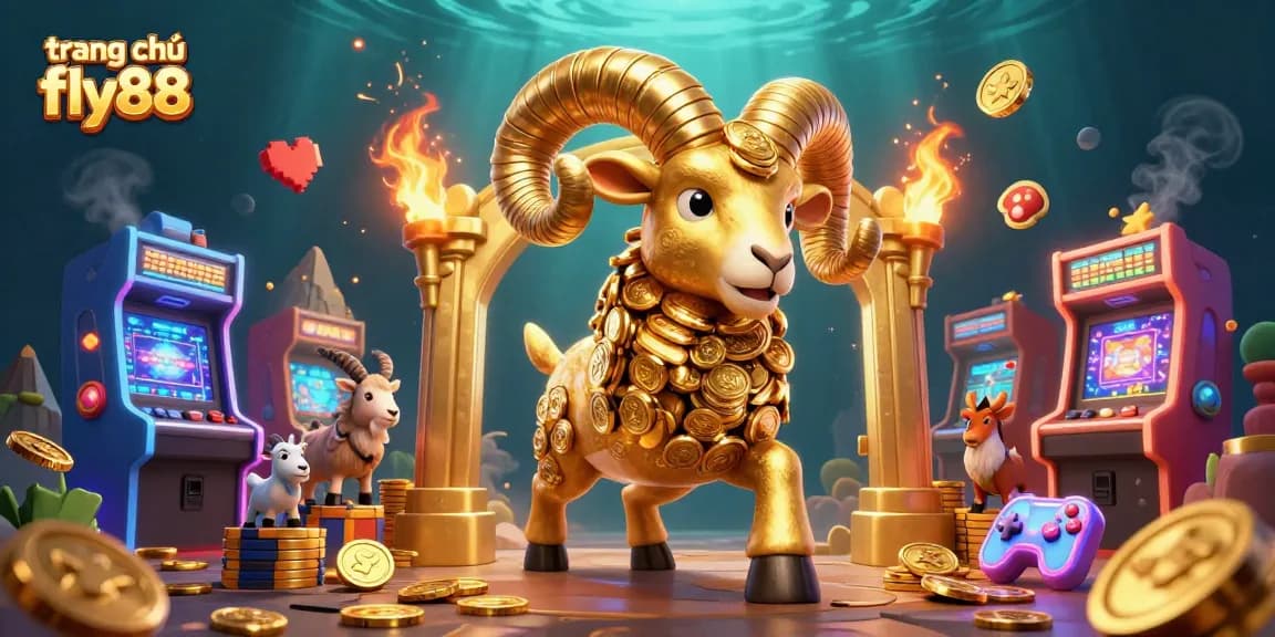 Experience excitement at trang chủ fly88 with a golden ram charging through a vibrant casino scene filled with games.
