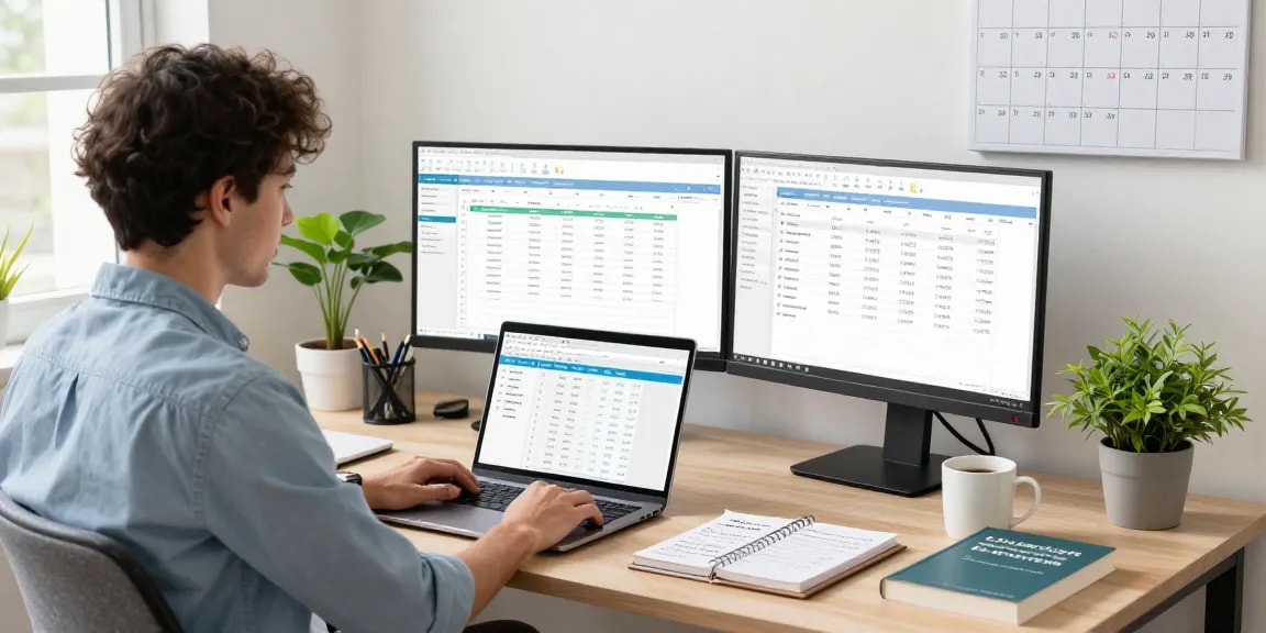 Entrepreneur using accounting software for small business in a modern office setting.