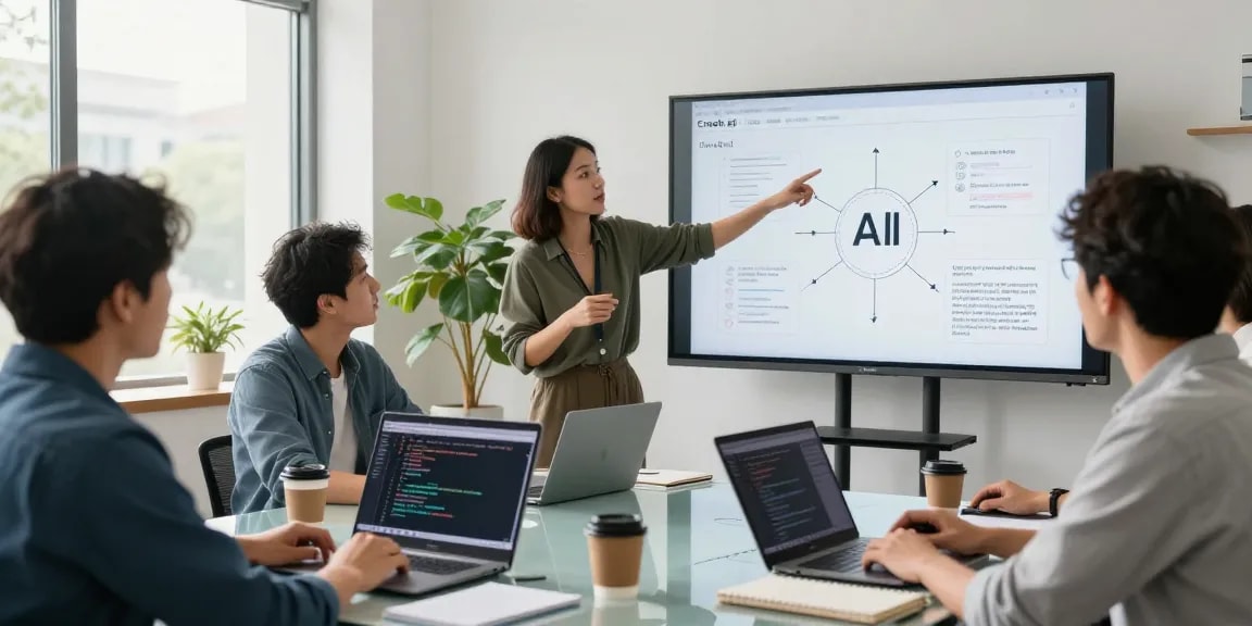 Developers collaborating on AI projects in modern workspace discussing crush ai concepts.