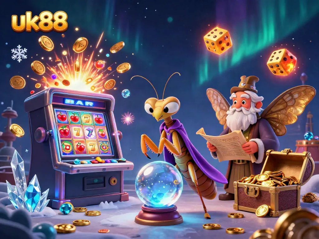 Experience exciting jackpots with uk88, featuring a cartoon fortune teller and slot machines in a vibrant scene.