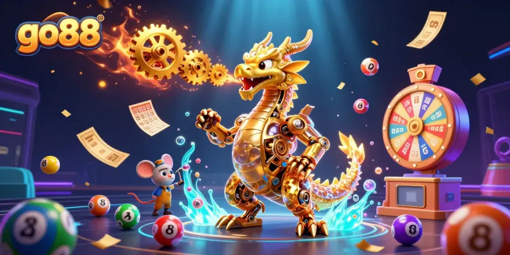 Experience thrilling gaming action at go88 with vibrant game elements and a stunning dragon illustration.