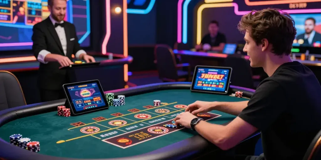 Player enjoying a live casino experience at https://sky88tg.com/ with vibrant LED lighting and engaging digital interface.
