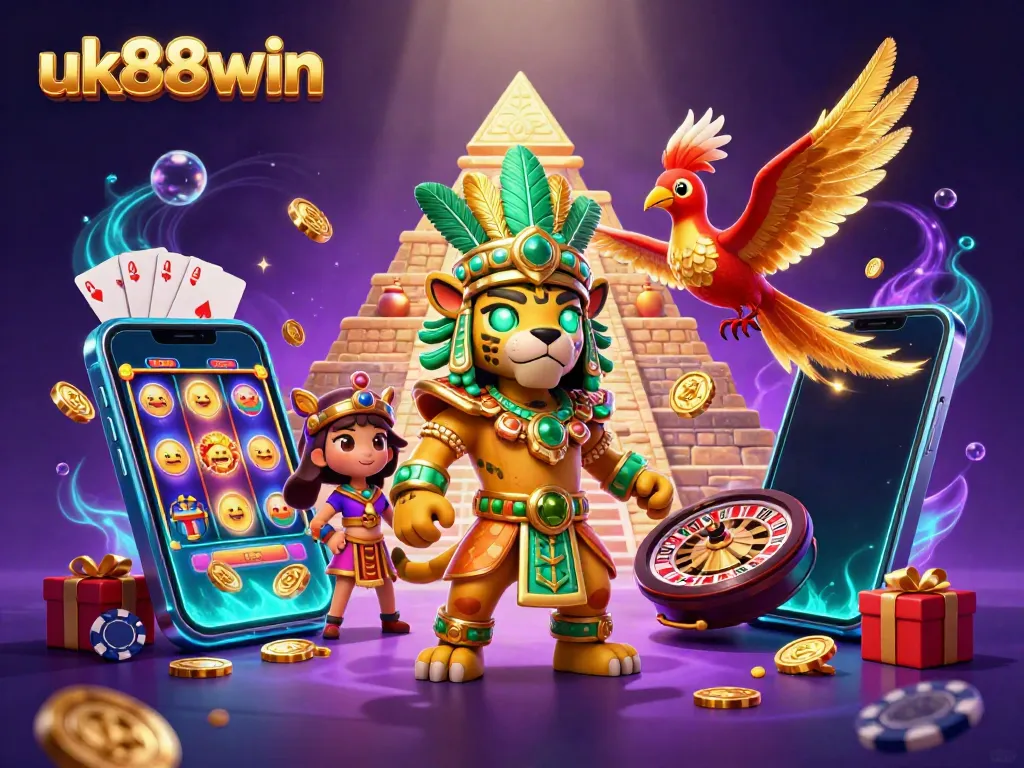 Engage in thrilling gameplay with uk88win illustrated in a dynamic, colorful 3D casino scene featuring adventurous characters.