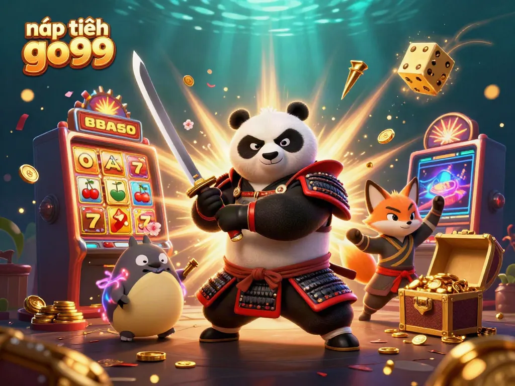 Nạp tiền go99 through an adventurous scene with a samurai panda and treasure elements