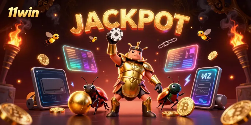 Experience the 11win jackpot with a heroic beetle in golden armor raising a poker chip in victory.
