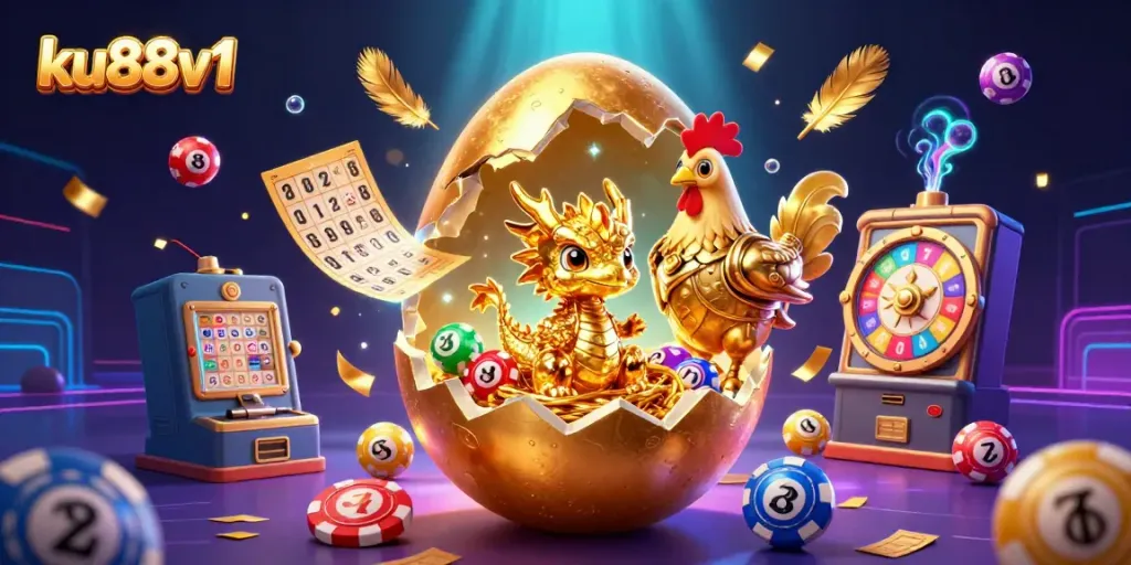 Experience luck with ku88v1, featuring a golden dragon and vibrant gambling elements in a dynamic casino scene.