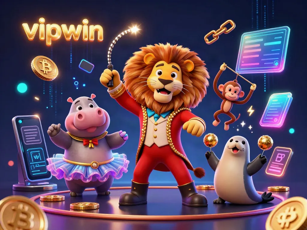 Engage with vipwin as the circus lion entertains with vibrant 3D illustrations in a casino-themed atmosphere.