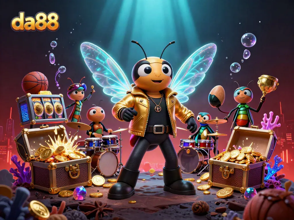 Experience da88's vibrant gaming world with a rock star cicada and dynamic casino elements.