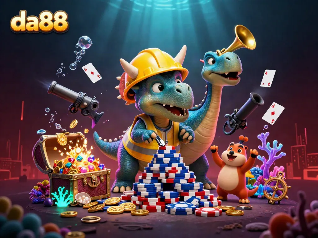 Join the excitement at da88 with a vibrant, celebratory scene featuring gaming elements and cheering characters.
