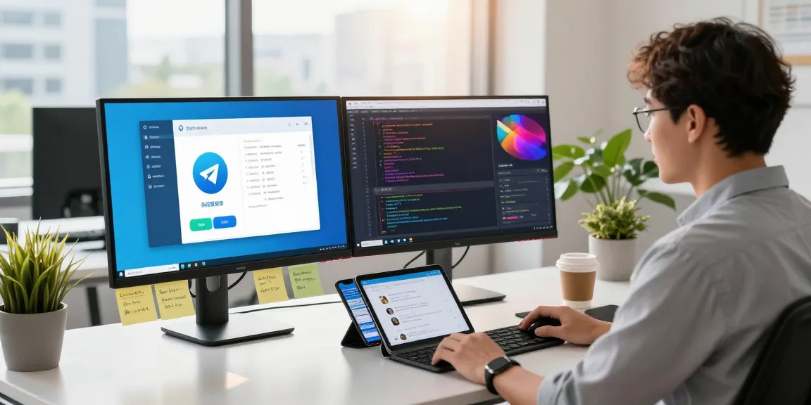 Setting up Telegram中文 on desktop with bilingual user in a modern office