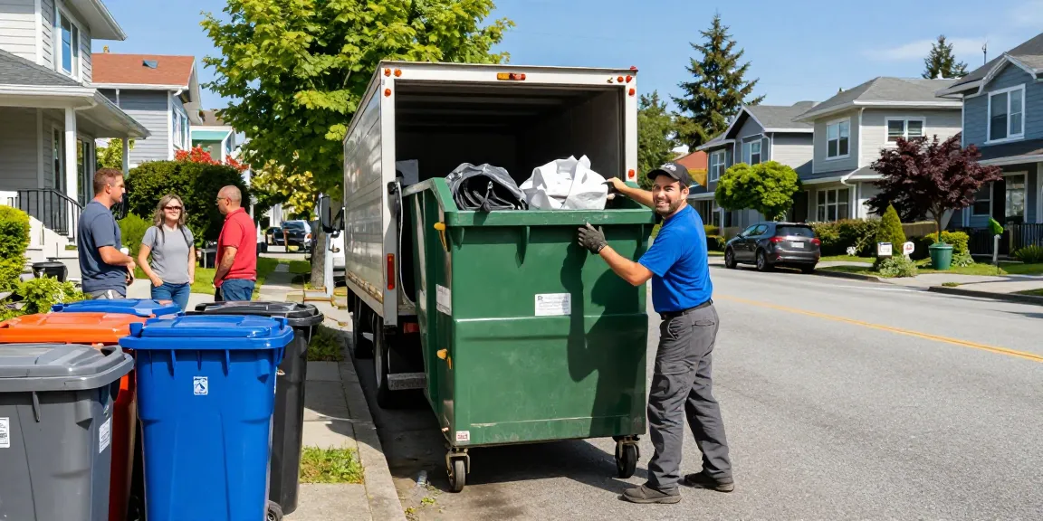 Vancouver Bin Rentals service showcasing friendly waste management professional with colorful dumpsters in an urban neighborhood.
