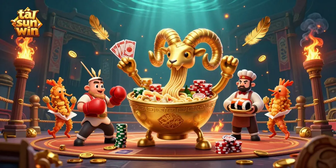 The vibrant scene showcases tải sun win with a giant ramen bowl dealer, gyoza sidekick, and dynamic casino action.