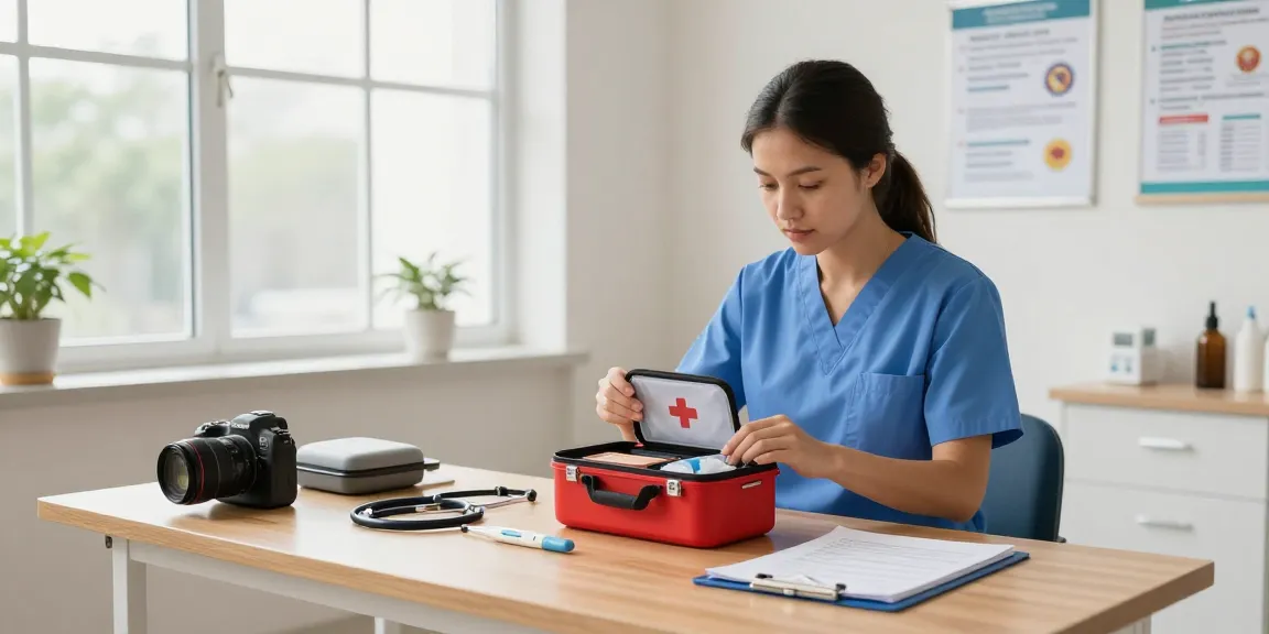 Medical kits displayed in a bright clinic room with a healthcare professional inspecting them.