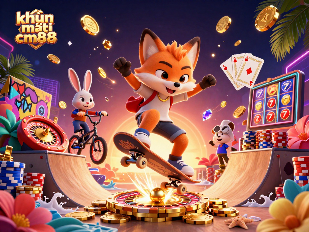 Experience thrilling khuyến mãi cm88 as a fox skates over golden poker chips in a vibrant casino scene.