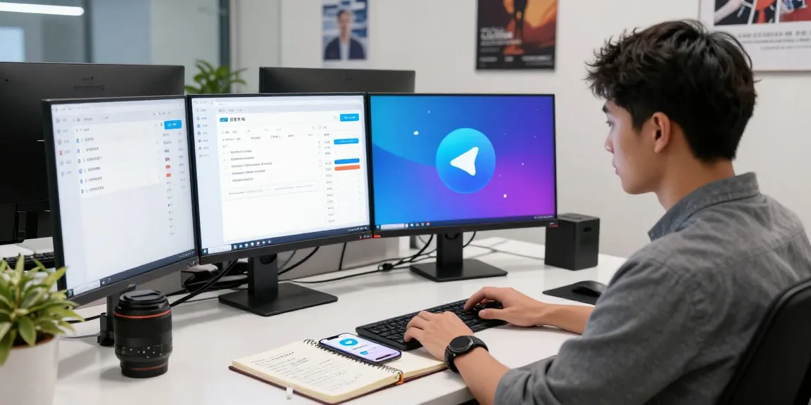 Configuring Telegram Chinese settings in a tech workspace with vibrant screens and modern design elements.
