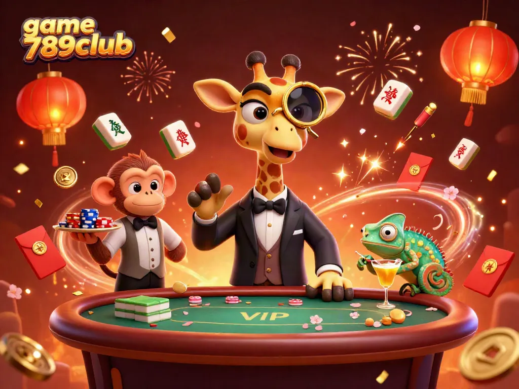 Experience the excitement of game 789club with a high-roller giraffe at a vibrant poker table surrounded by festive elements.