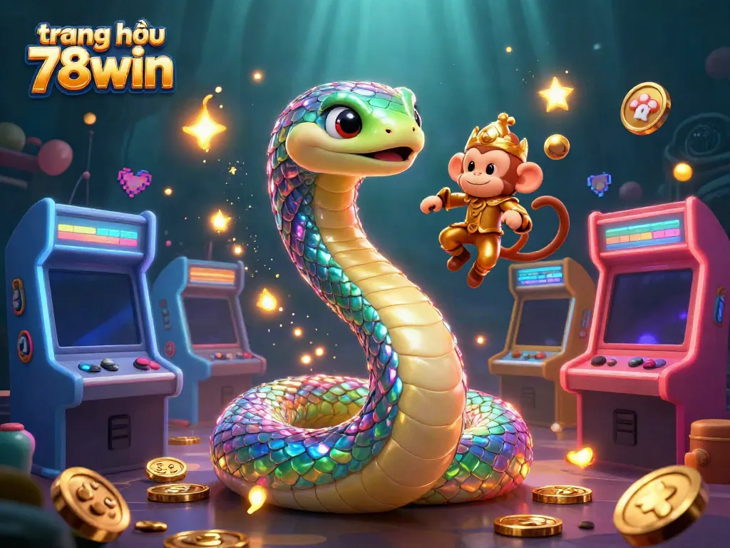 Engage in fun at trang chủ 78win with vibrant casino-themed illustration featuring a playful monkey and rainbow serpent.