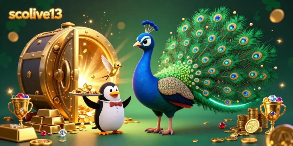 Socolive13 showcases a vibrant peacock and penguin amidst golden casino treasures, symbolizing exciting live betting.