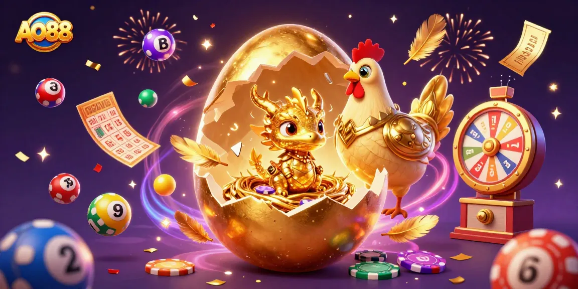 Revel in the excitement of AO88 with a golden dragon emerging from a nest of poker chips amidst vibrant casino elements.