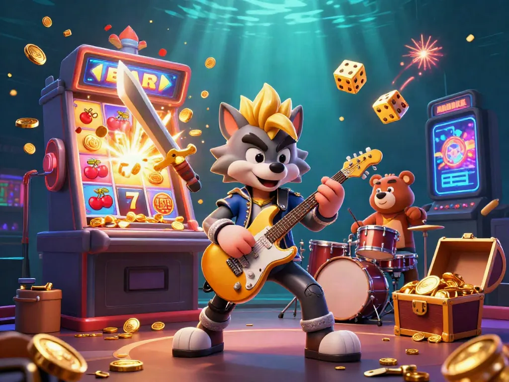 Experience the excitement of hitclub with a thrilling casino stage featuring a rock star wolf and jackpot symbols.