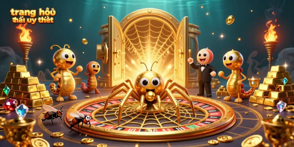 Place bets confidently at the trang chủ nhà cái uy tín, illustrated with a golden spider and a croupier.