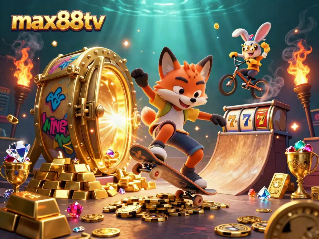 Max88tv showcases a vibrant 3D casino scene with cartoon fox and rabbit characters performing tricks amid golden casino symbols.