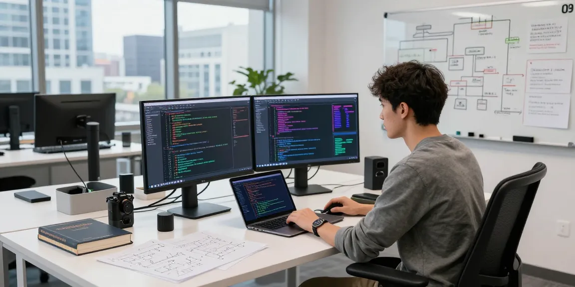 Software developer focused on agentic AI in a modern workspace with vibrant coding displays and tech gadgets.