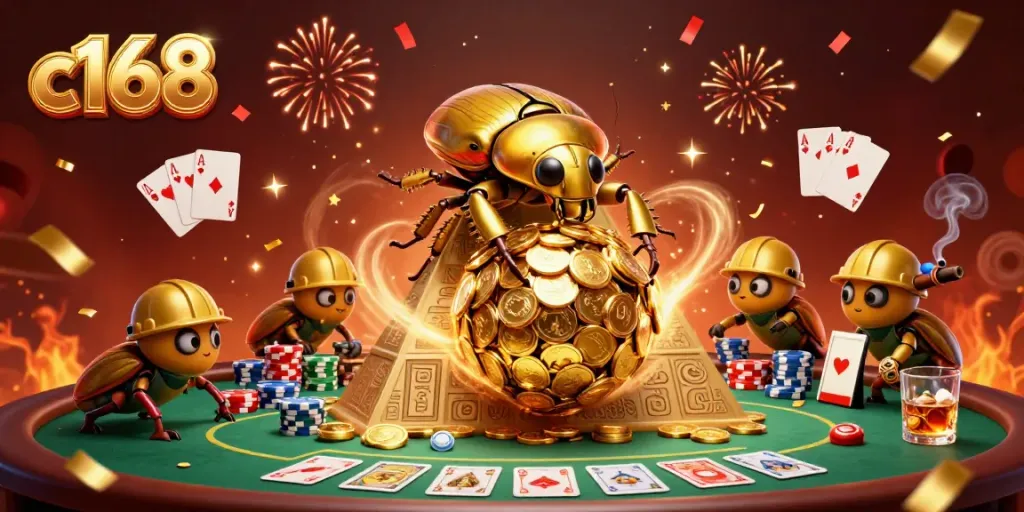 Experience the thrill of c168 with a golden beetle rolling coins amidst vibrant casino elements.