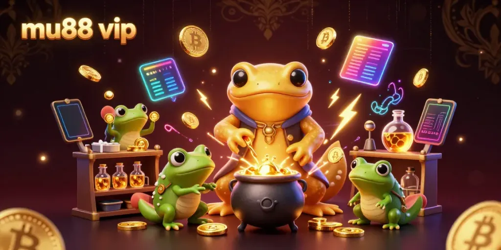 Witness the magic of mu88 vip as a giant salamander alchemist transforms base metals into gold coins in a vibrant 3D scene.