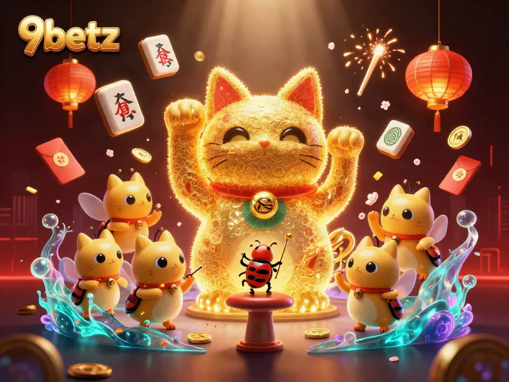 Engage with 9betz as golden fireflies create a lucky cat amidst vibrant casino symbols in a dazzling 3D scene.