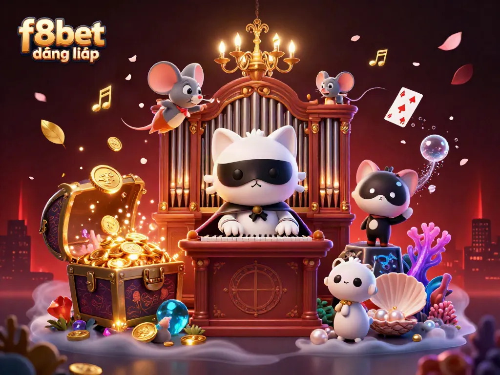 Experience f8bet đăng nhập with an elaborate 3D casino adventure featuring a masked cat and lively elements.