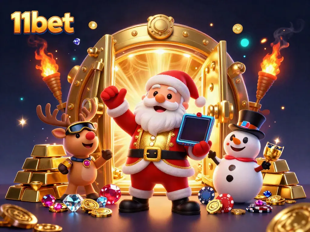 Enjoy the excitement of 11bet with Santa and friends in a jackpot slot scenario, surrounded by treasure.