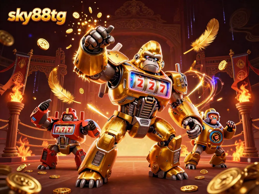 Engage in exciting gameplay at sky88tg with a vibrant 3D casino illustration featuring an epic gorilla mech.