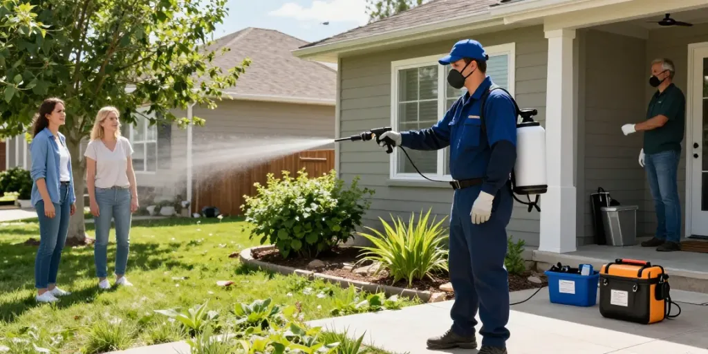 Calgary pest control technician applying eco-friendly treatment outdoors to ensure safe residential pest management.