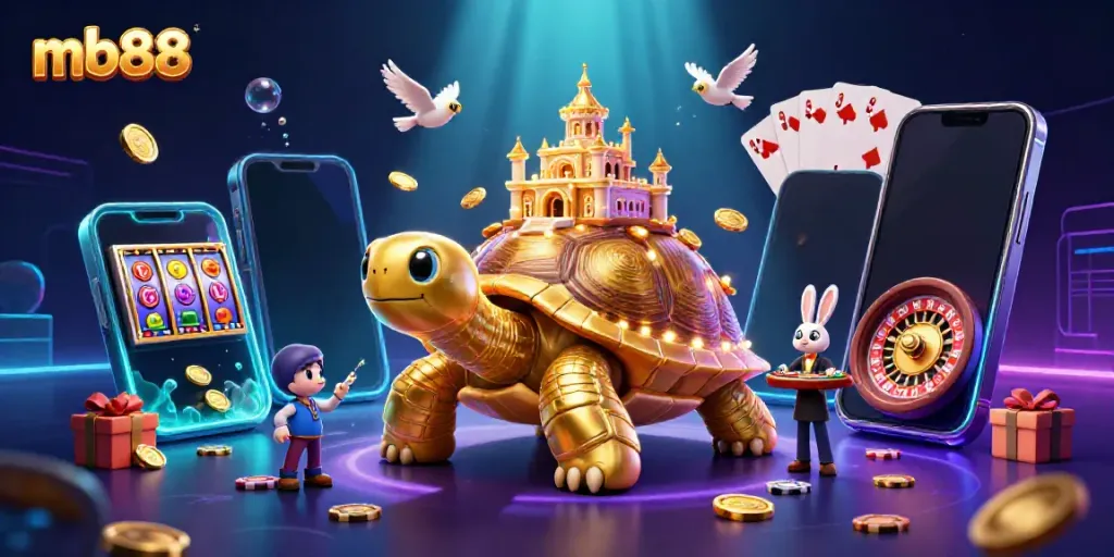 Experience exciting gambling at mb88 with a vibrant scene of a tortoise casino, coins, and a rabbit dealer.