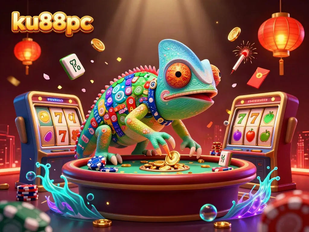 Experience the vibrant action at ku88pc with a lively chameleon casino owner and dynamic gaming elements.