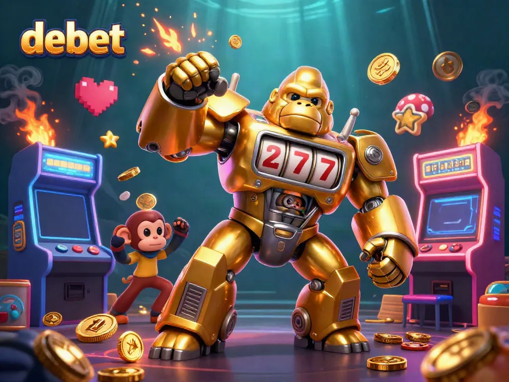 Experience thrilling gaming action with debet's golden gorilla mech and arcade elements in vibrant colors.