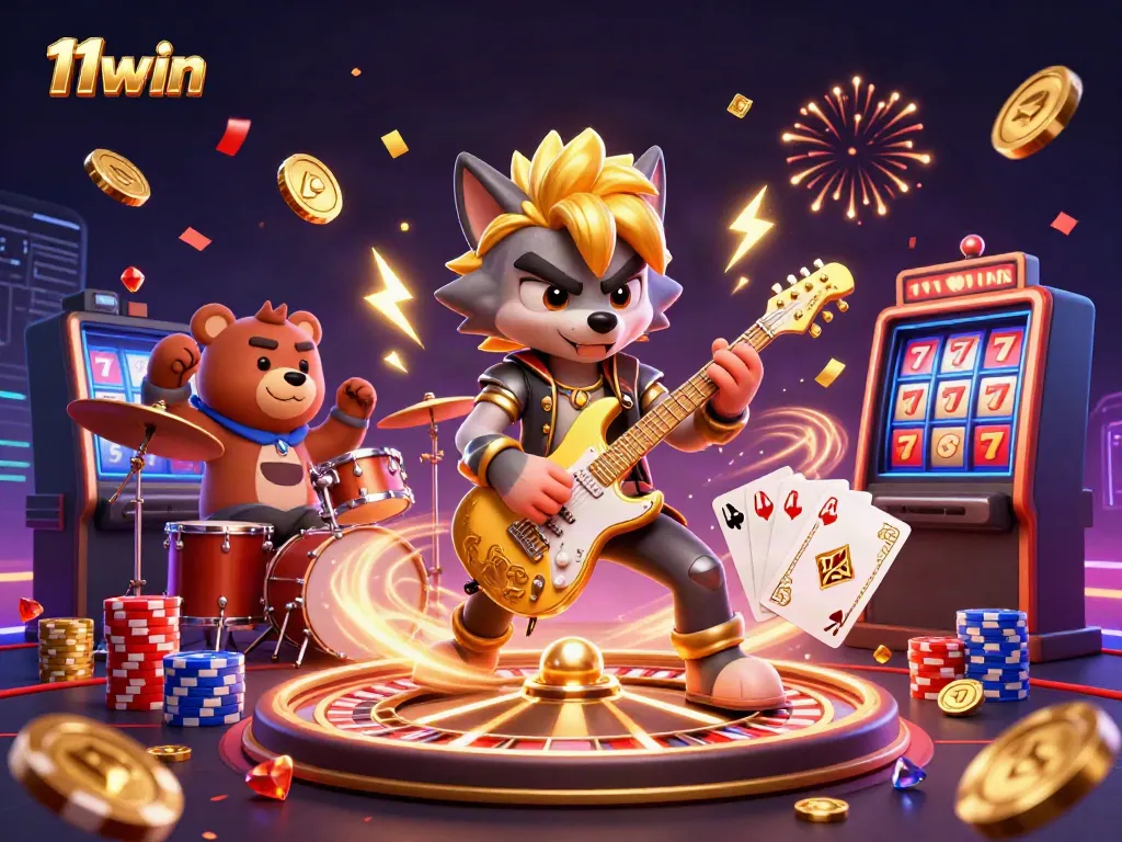 Experience the thrill of 11win with a rock star wolf and drummer bear surrounded by dynamic casino elements.