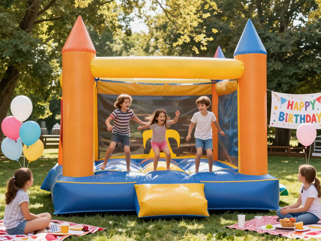 Children having fun in a colorful bounce castle at a birthday party.